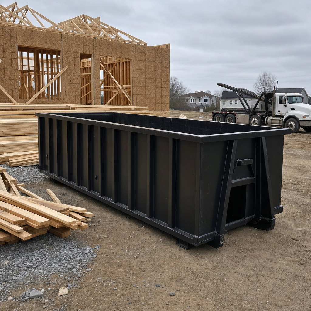 Matte-black 40-yard roll-off dumpster staged on a framed-out residential construction site in Bryan, framing lumber stacked nearby, hooklift delivery truck visible in the background under bright Colorado daylight