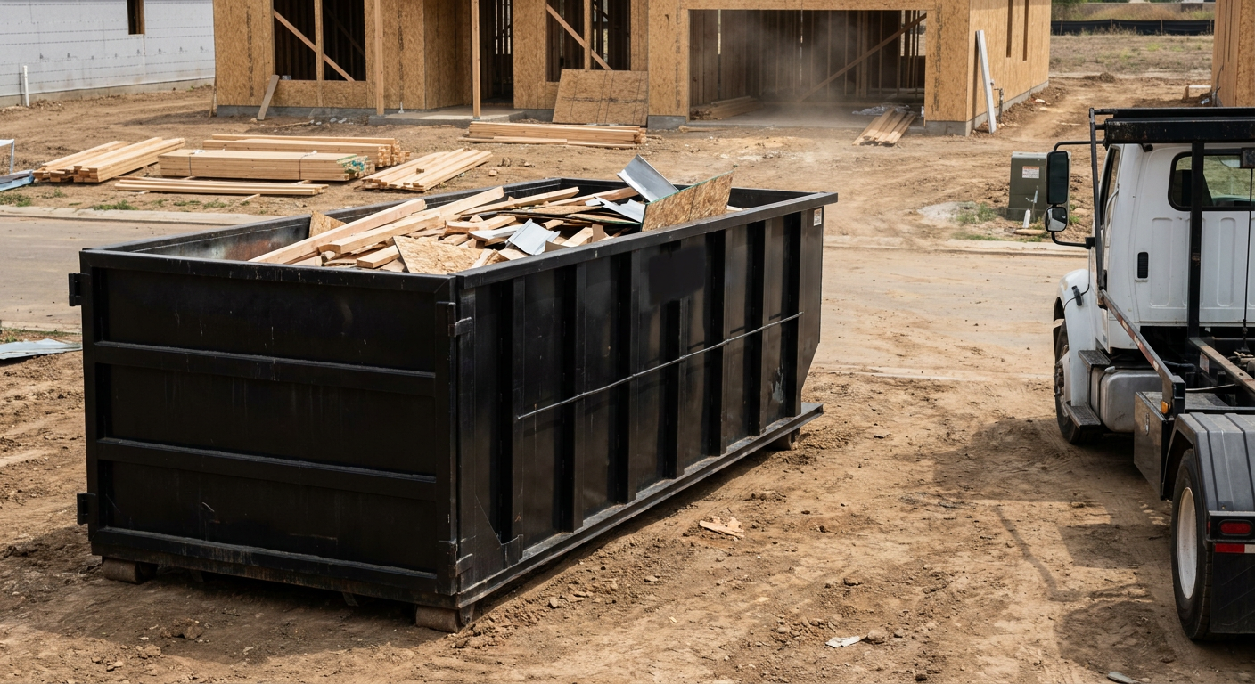 Matte-black 20-yard roll-off construction dumpster with heavy ribbed steel sidewalls and swing rear doors at a working jobsite in Bryan, sitting directly on compacted dirt with an unmarked white hauler partially visible at the far edge of the frame.