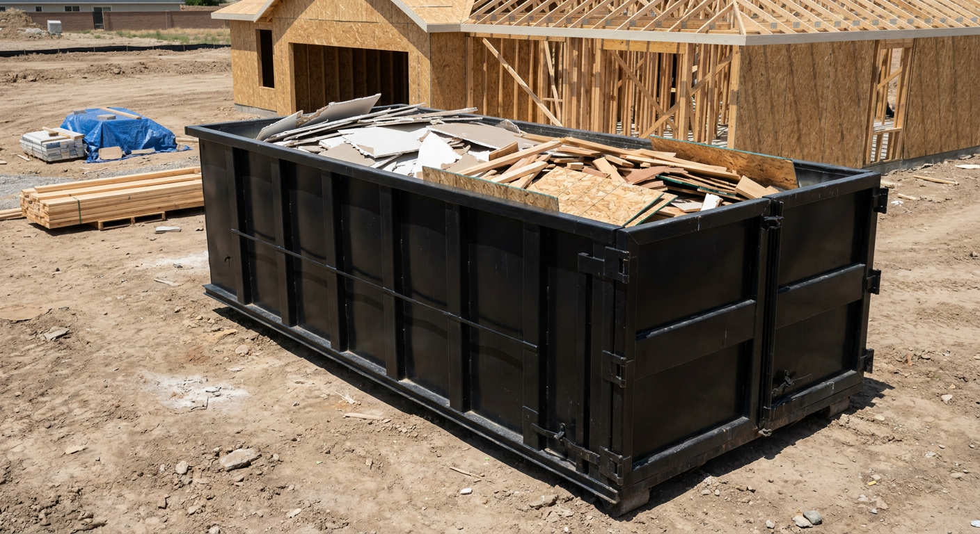 Matte-black 30-yard roll-off construction dumpster sitting directly on the compacted-dirt site of a framed single-family home build in Bryan, drywall and lumber scrap loaded inside.