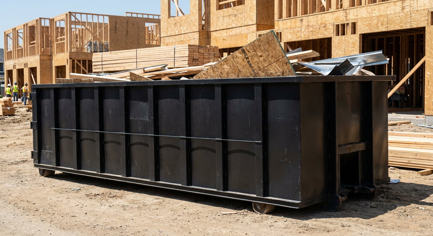 Matte-black 40-yard roll-off construction dumpster being lowered from a white-cab hooklift delivery truck onto the compacted-dirt jobsite at a commercial build site in Bryan
