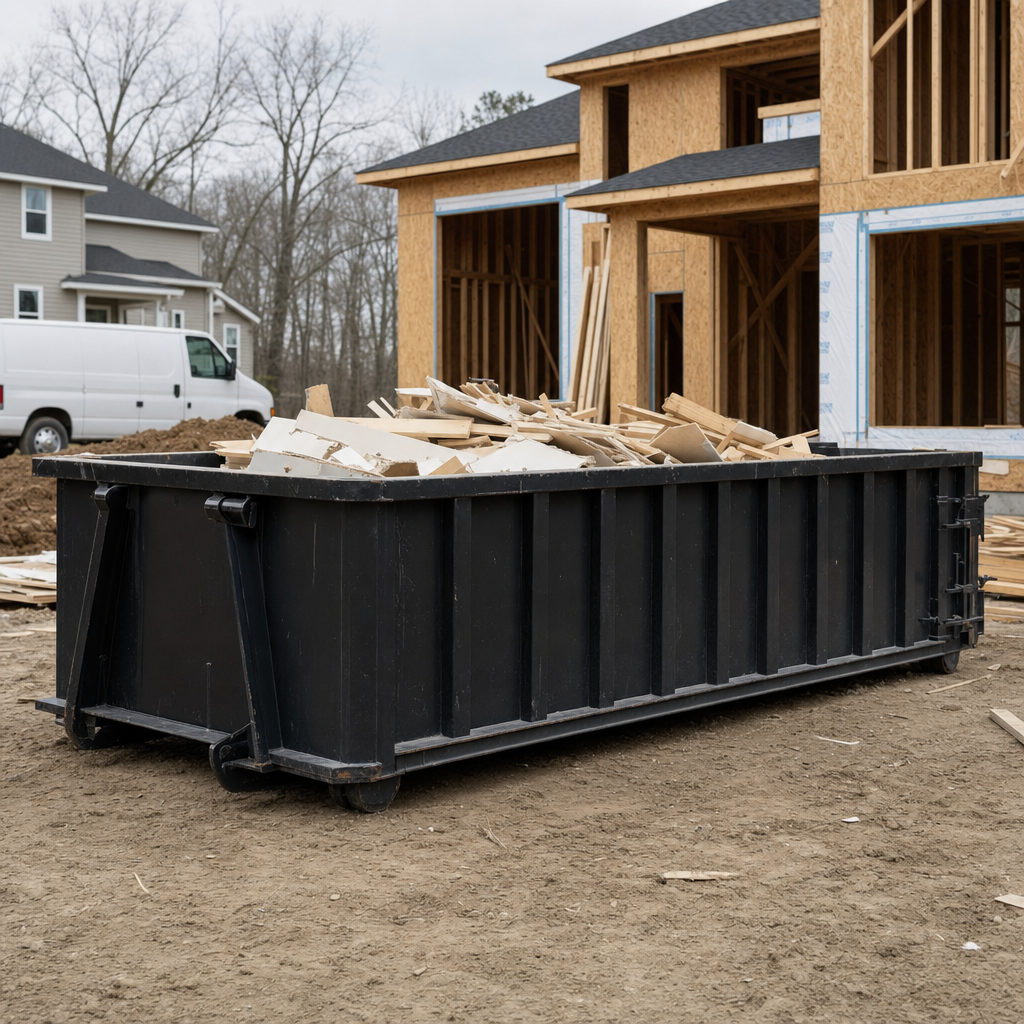 Worker in a yellow high-visibility vest tossing framing lumber and broken drywall into a matte-black 30-yard construction roll-off dumpster on an active build site in Bryan, bright daylight