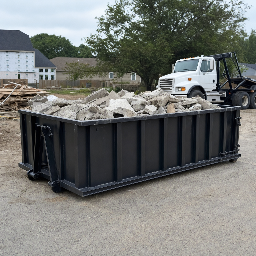 Low-profile matte-black lowboy roll-off dumpster loaded with broken concrete slab and rebar at a foundation tear-out in Bryan, skid steer parked beside it, sunny Colorado morning