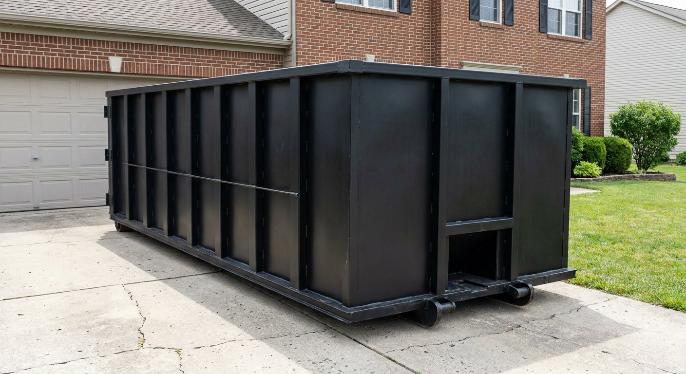 Matte-black 20-yard roll-off container on a Bryan residential concrete driveway with reinforced ribbed steel sidewalls and a hinged rear walk-in door, clean bright daylight.