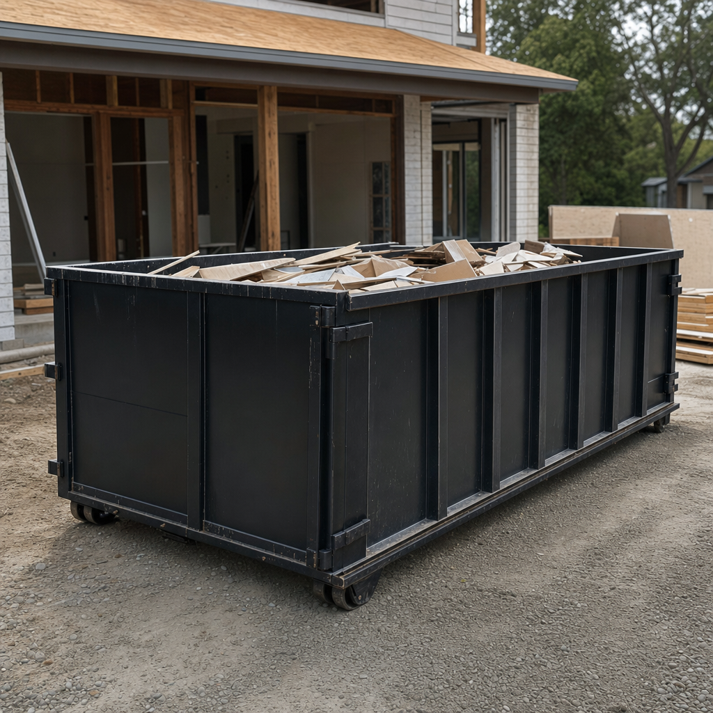 Large matte-black 30-yard construction roll-off dumpster at an active Bryan jobsite, steel-gray top rails and bottom rollers visible, loaded with construction debris.
