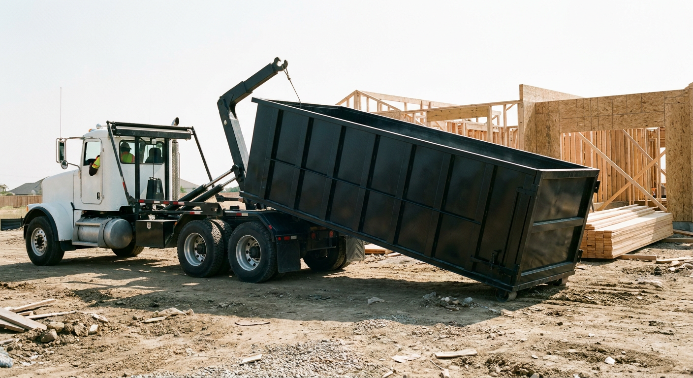 Matte-black roll-off dumpster being delivered onto a clean residential concrete driveway in Bryan by an unmarked white hooklift hauler truck, bright morning daylight, documentary 35mm perspective.