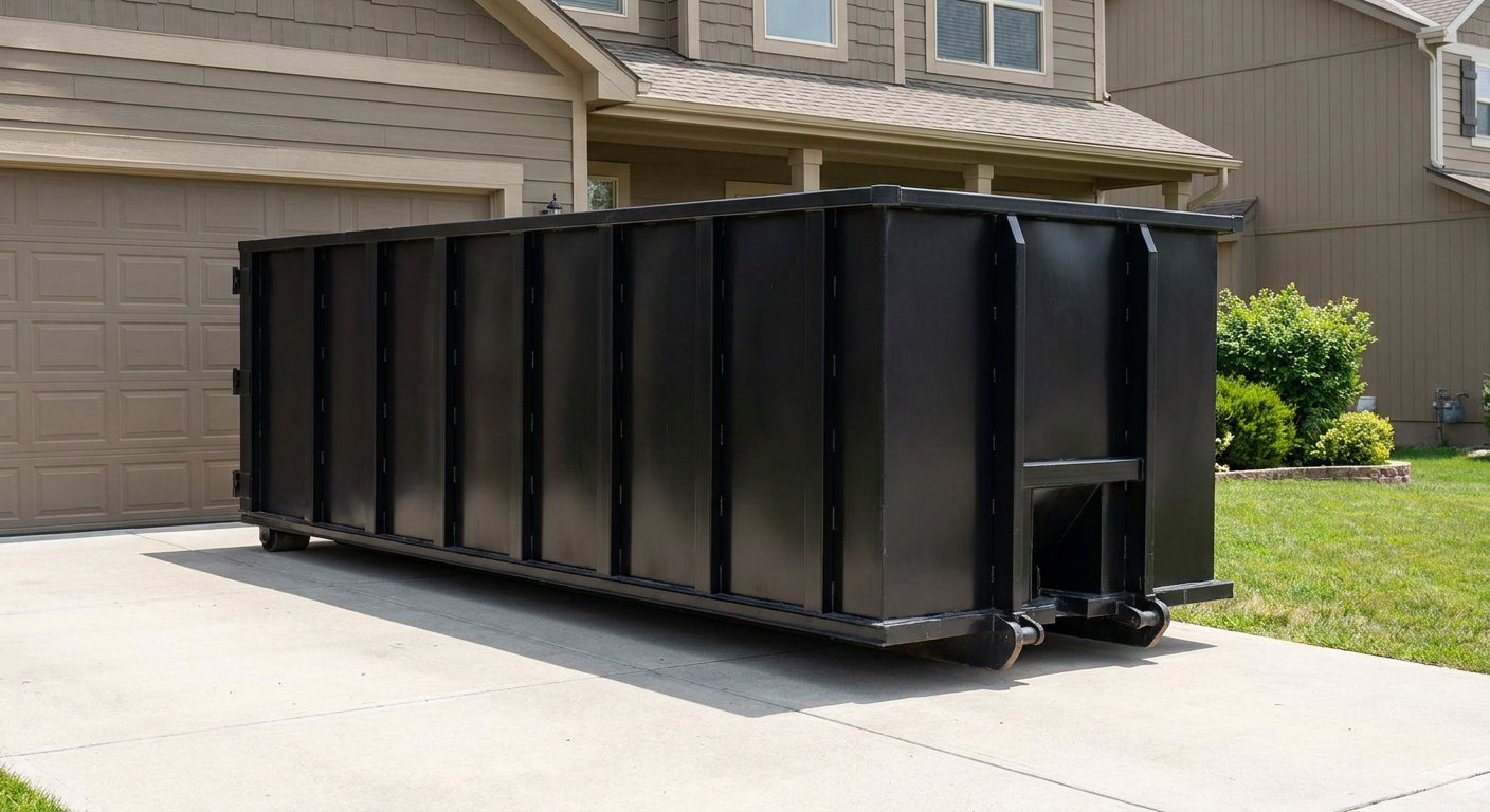 Matte-black residential roll-off dumpster sitting directly on a suburban Bryan concrete driveway, garage door closed, single-family home in background, bright morning daylight.