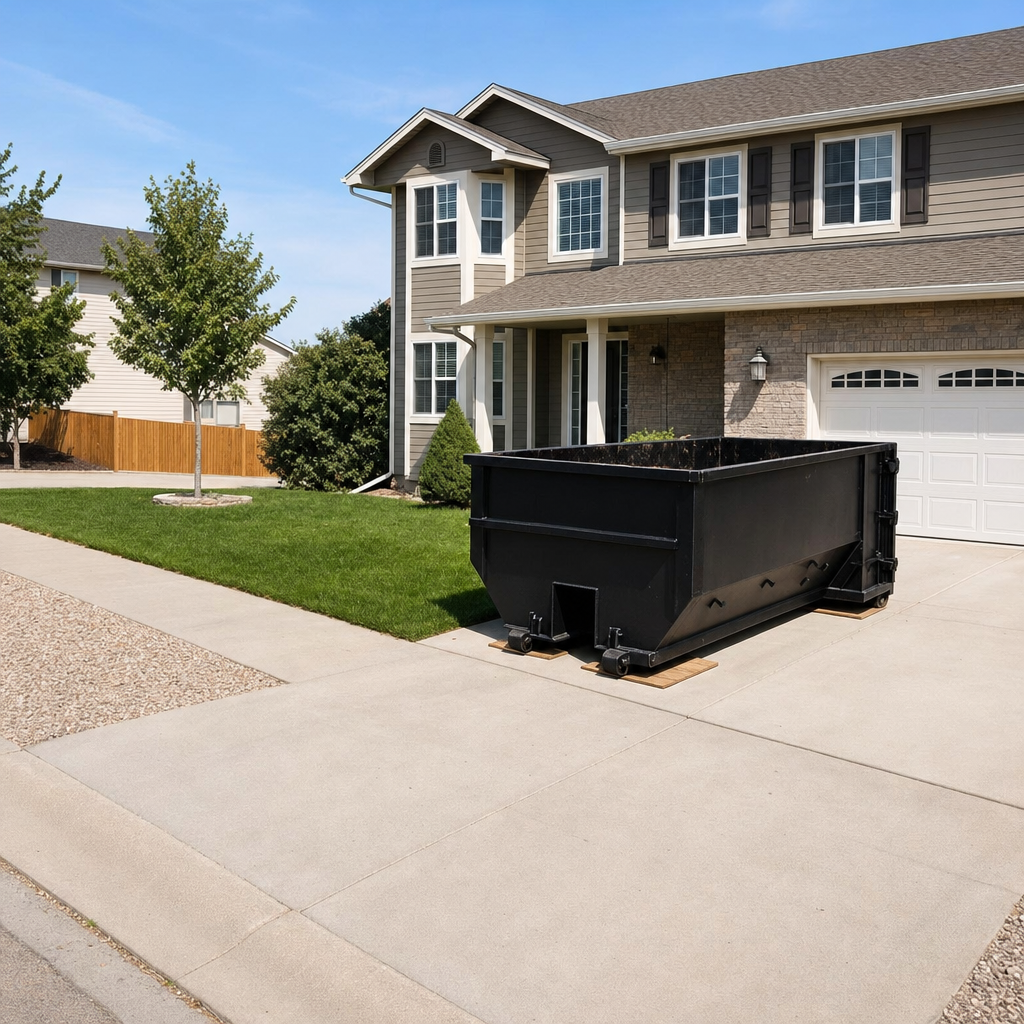 10-yard matte-black residential dumpster placed directly on a narrow Bryan concrete driveway, room remains for a parked sedan beside it, mid-morning natural light