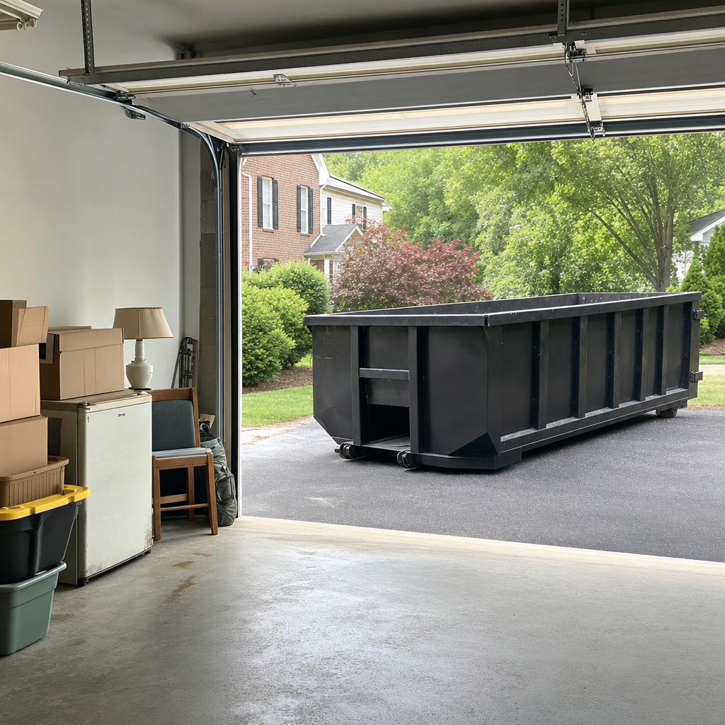 Open garage interior in a Bryan home mid-cleanout — boxed items, an old appliance, and stacked yard tools queued near the driveway for a matte-black roll-off dumpster, organized and calm