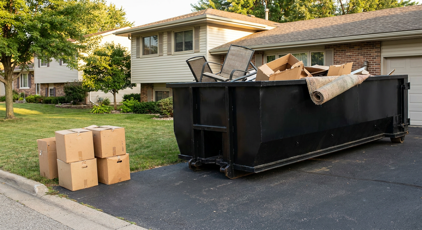 Front-yard view of a Bryan split-level home with a 20-yard matte-black roll-off dumpster sitting directly on the asphalt driveway, a few clearly labeled donation boxes staged at the curb, calm sunny afternoon.