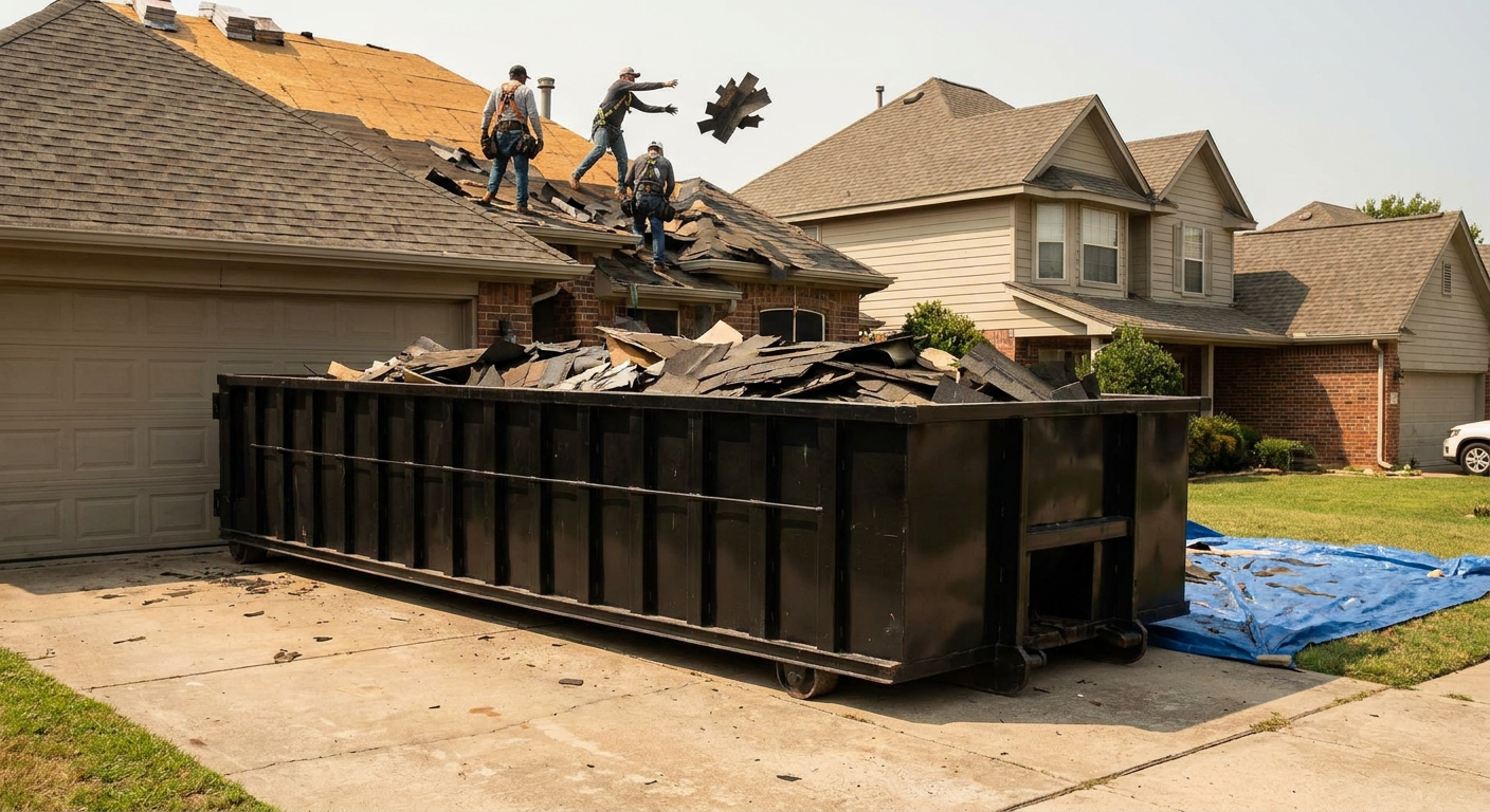 Matte-black roofing roll-off dumpster placed directly on a Bryan residential concrete driveway, a tear-off crew on a two-story asphalt-shingle roof tossing shingle bundles into the low-walled container, bright daylight, documentary 35mm perspective.