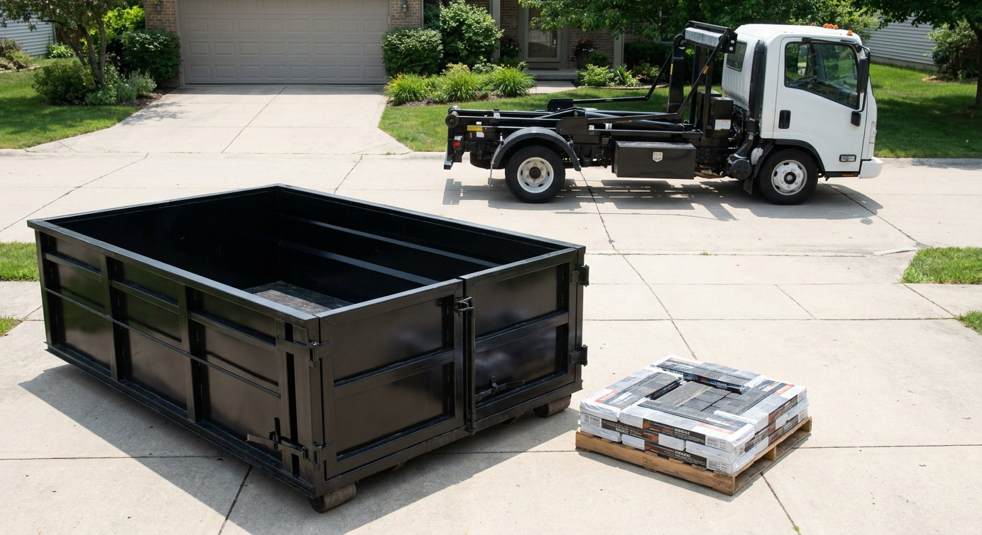 Matte-black 15-yard roofing roll-off dumpster with reinforced low side walls sitting directly on a Bryan residential concrete driveway, three-tab asphalt shingle bundles stacked nearby, an unmarked white hauler truck partially visible at the edge of the frame.