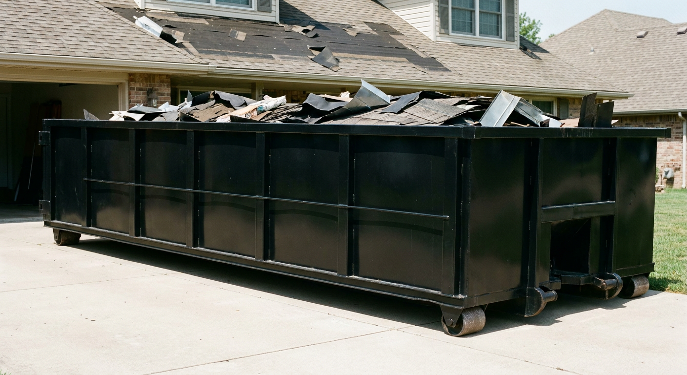 Matte-black 20-yard roofing roll-off dumpster with steel ribbed sides and swinging rear door, sitting directly on the concrete driveway of a two-story Bryan home, asphalt shingle debris being loaded over the low wall, clean documentary lighting.
