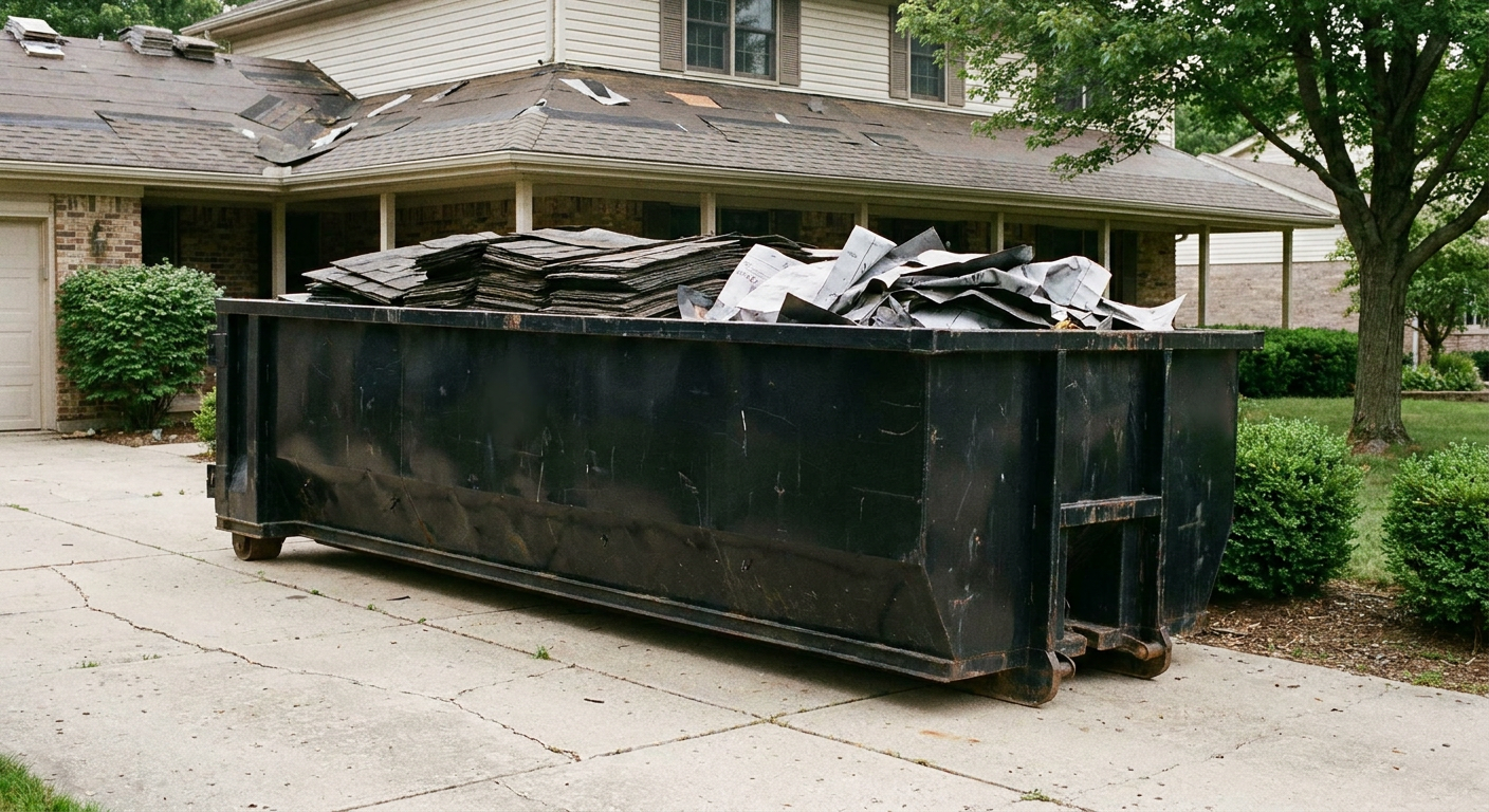 Matte-black 30-yard roofing roll-off dumpster sitting directly on a Bryan concrete driveway, taller ribbed steel side panels, mixed tear-off debris of asphalt shingles and underlayment inside, professional documentary daylight.