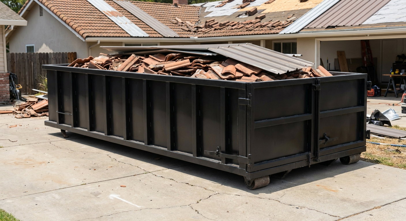 Matte-black low-wall heavy-debris roofing roll-off dumpster sitting directly on a Bryan concrete driveway, broken concrete clay roof tiles and metal panel sections loaded inside, reinforced ribbed steel side walls visible, bright outdoor daylight.