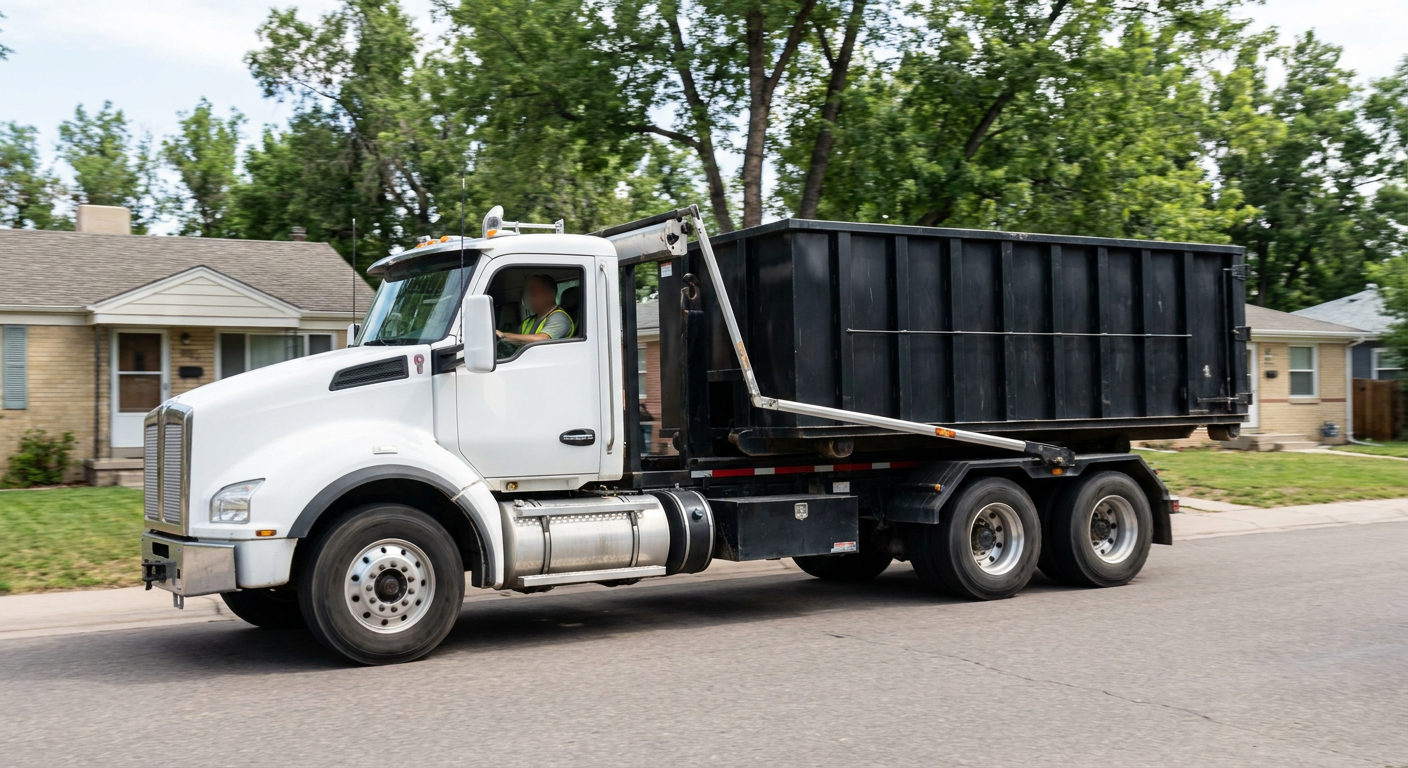 A wide documentary shot of a matte-black roll-off delivery truck pulling onto a quiet Bryan residential street at mid-morning, with neighborhood rooftops and tree-lined blocks visible behind, showing the metro coverage footprint.