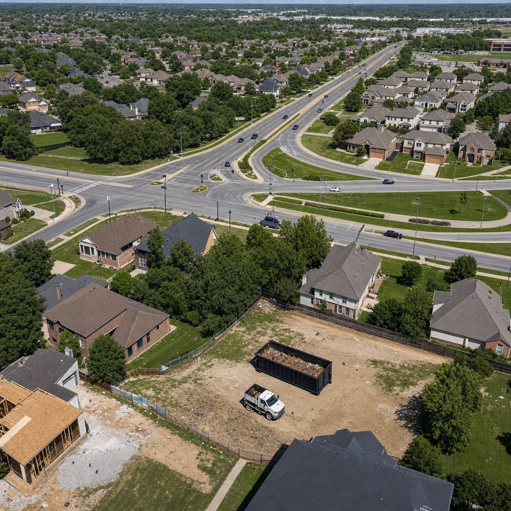 An overhead documentary view of the Bryan metro area at midday, showing the spread of neighborhoods, arterial roads, and the dispatch radius from a central yard — clean daylight, organized geographic layout.