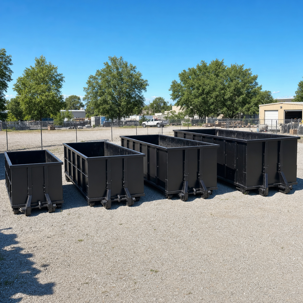 A clean lineup of matte-black roll-off dumpsters in 10, 20, 30, and 40-yard sizes staged on a sunlit gravel yard in Bryan, showing the size progression from compact to commercial-scale containers.