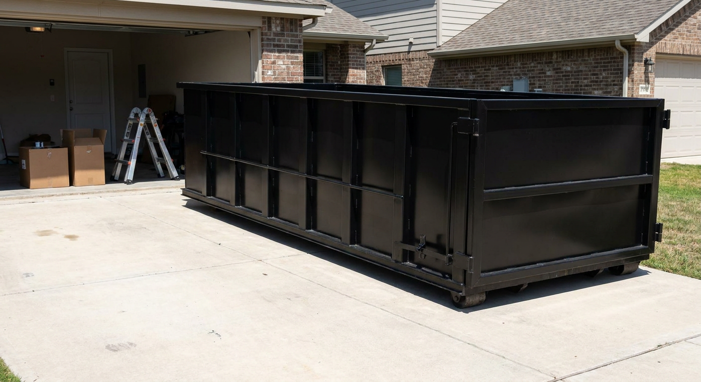 A matte-black 10-yard roll-off dumpster sitting directly on a residential Bryan concrete driveway, mid-day sunlight, clean and ready for a garage cleanout.