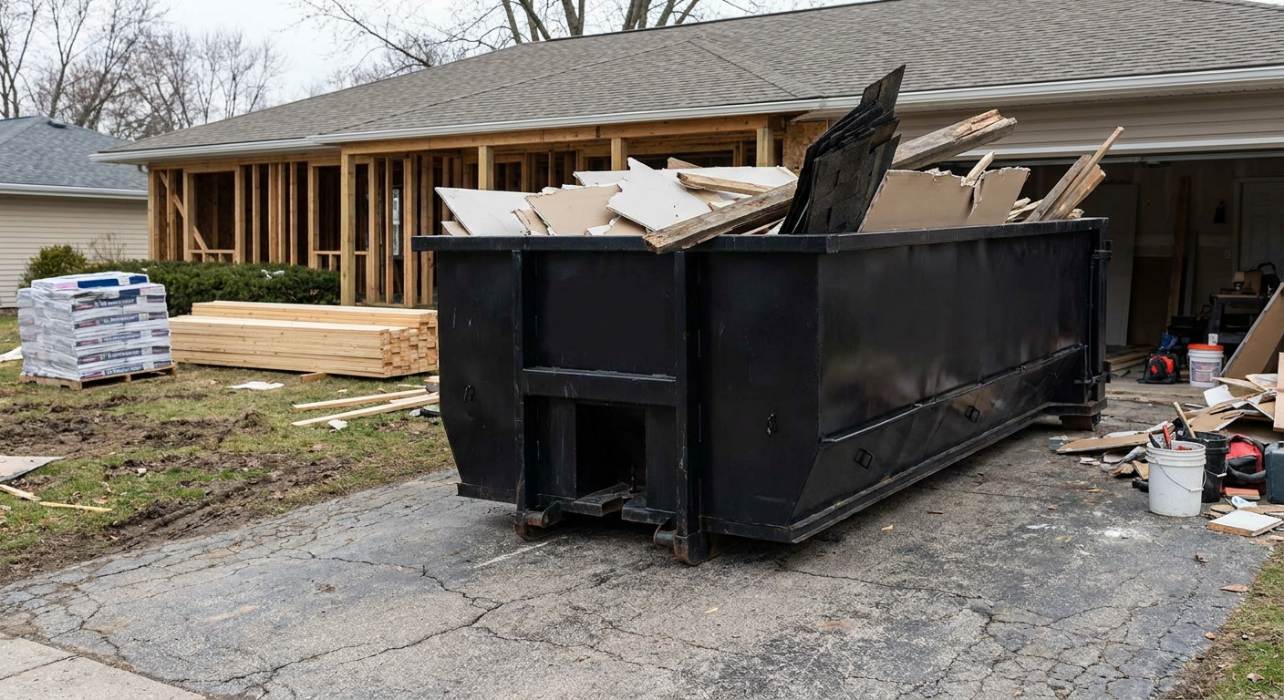 A matte-black 20-yard roll-off dumpster placed alongside a mid-renovation Bryan home directly on the asphalt driveway, with framing materials and torn-off shingles staged neatly nearby.