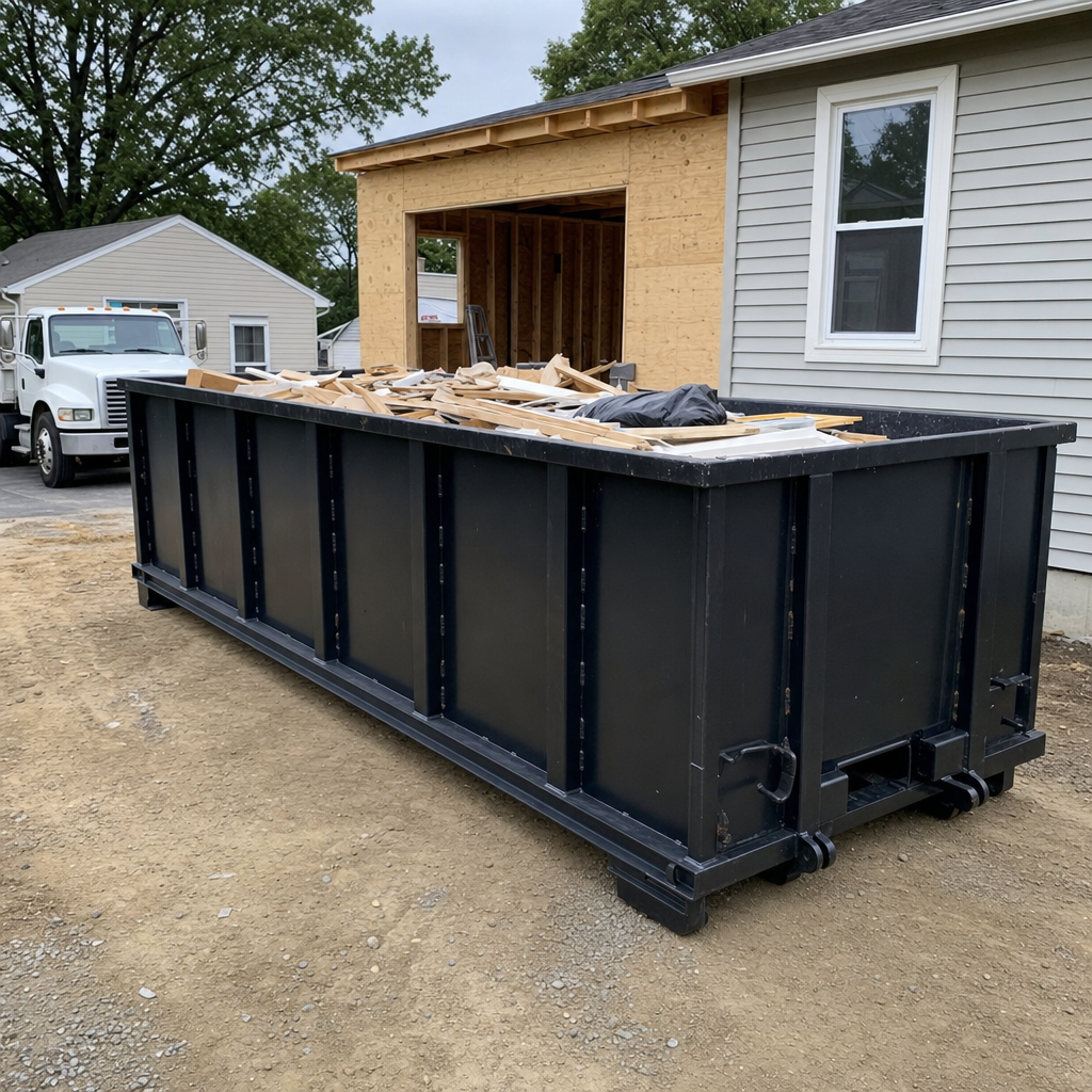 A matte-black 30-yard roll-off dumpster positioned at a Bryan residential addition jobsite, with framing lumber and drywall scraps loaded through the open swinging rear doors.