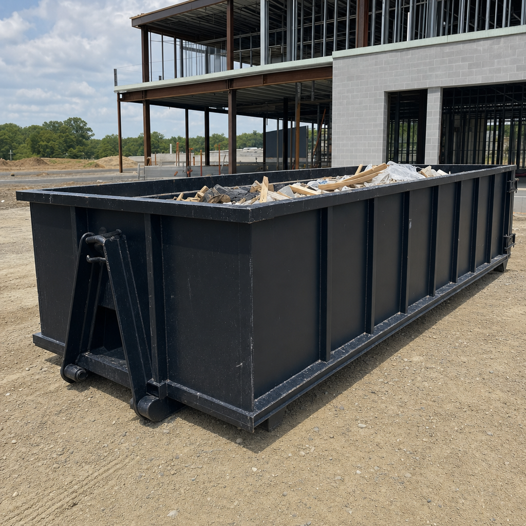 A matte-black 40-yard roll-off dumpster staged on a large Bryan commercial construction lot, with a hooklift delivery truck parked alongside under bright midday sky.