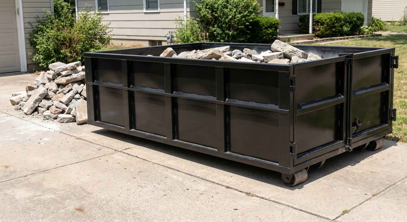 A matte-black low-side heavy-debris roll-off dumpster placed directly on a Bryan concrete driveway, with broken concrete chunks neatly stacked beside it under clean daylight.